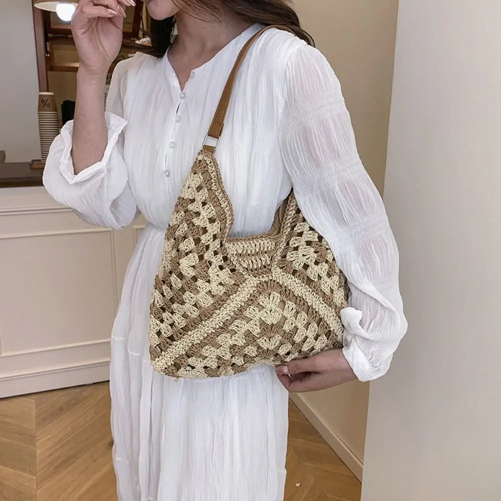 Bolso de Hombro Tejido de Paja Estilo Crochet – Bolso de Verano Casual para Playa y Viajes