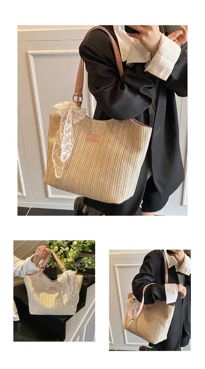 Bolso Tote de Playa de Gran Capacidad Tejido a Mano – Bolso de Hombro Casual de Verano