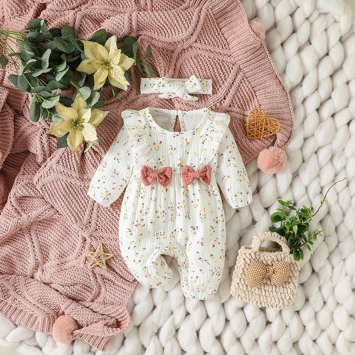 🌸 Enterito para Bebé Niña con Estampado Floral y Moño + Diadema🌸