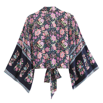 Top Kimono Corto Floral para Mujer – Estilo Bohemio de Playa con Escote en V