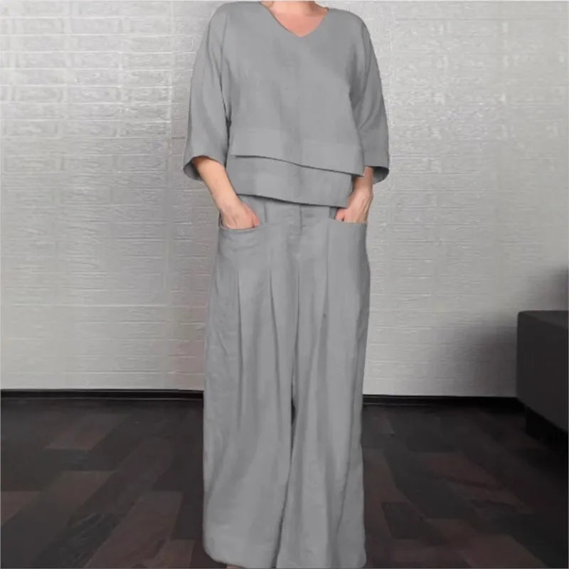 Conjunto Elegante Dúo – Blusa de Cuello en V + Pantalón Palazzo con Bolsillos