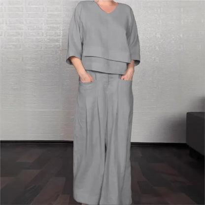 Conjunto Elegante Dúo – Blusa de Cuello en V + Pantalón Palazzo con Bolsillos