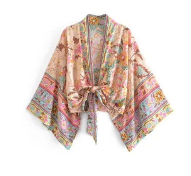 Top Kimono Corto Floral para Mujer – Estilo Bohemio de Playa con Escote en V
