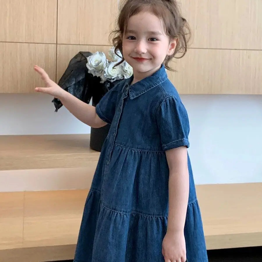 Vestido Infantil de Mezclilla para Niña – Estilo Princesa con Bordado y Lazo