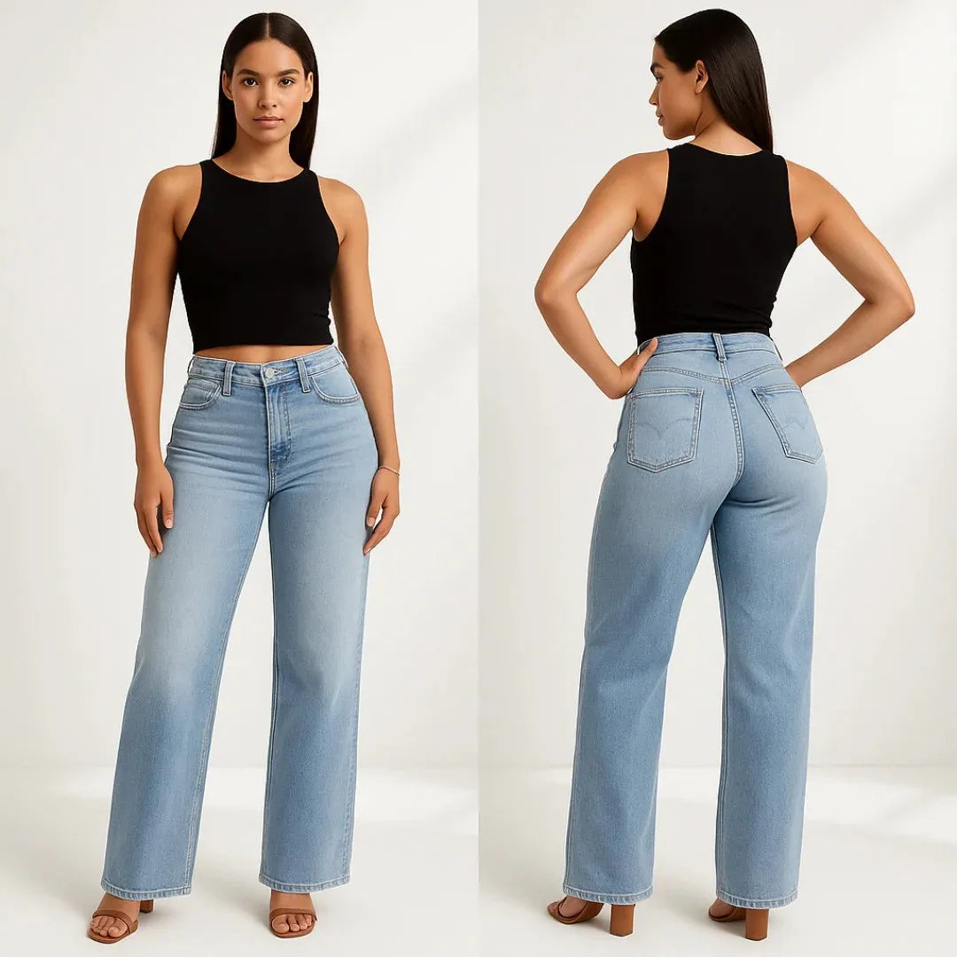Jeans Mujer Recto de Corte Slim con Efecto Realce – Denim Azul Lavado