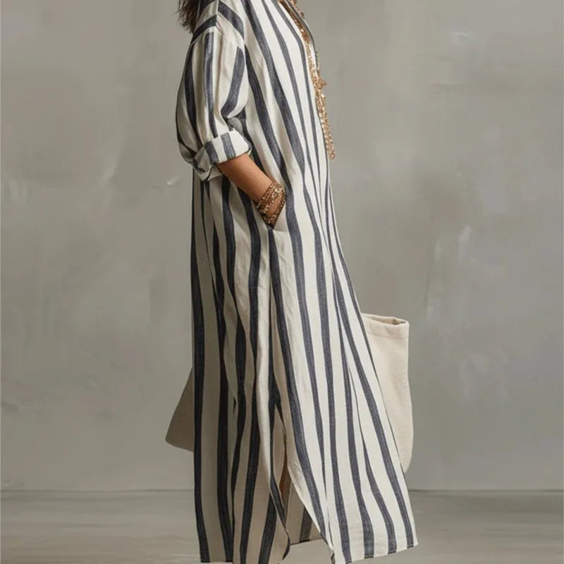 Vestido Casual a Rayas con Cuello en V y Manga 3/4