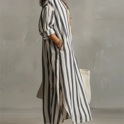 Vestido Casual a Rayas con Cuello en V y Manga 3/4
