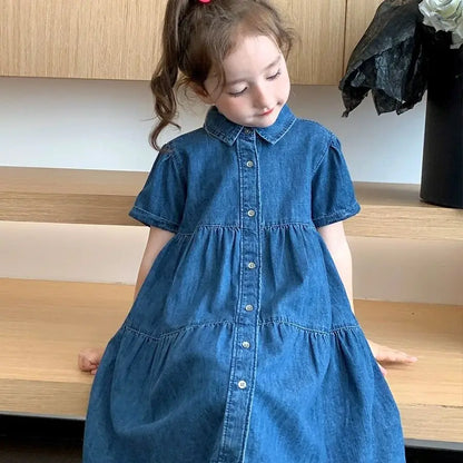 Vestido Infantil de Mezclilla para Niña – Estilo Princesa con Bordado y Lazo