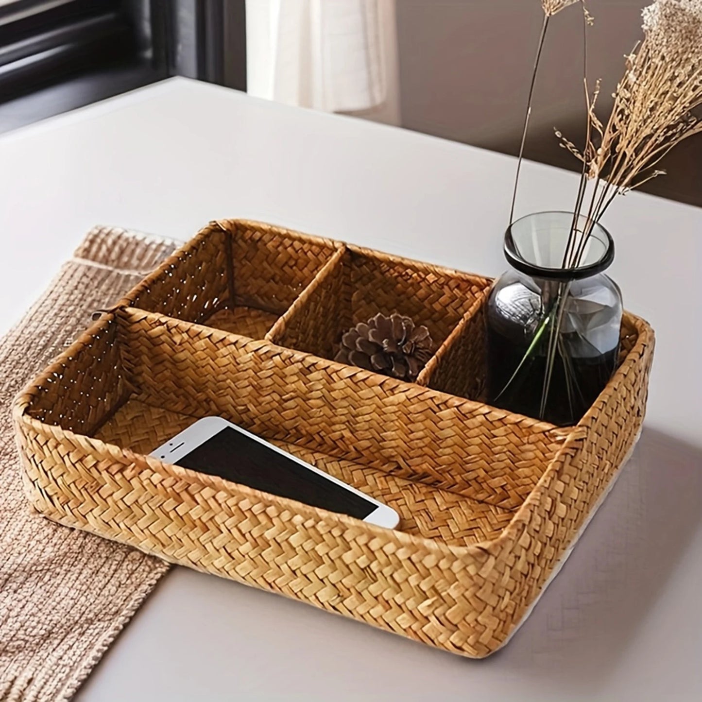 Cesta Organizadora Tejida a Mano con 4 Compartimentos – Ideal para Ropa, Cosméticos y Accesorios