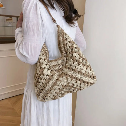 Bolso de Hombro Tejido de Paja Estilo Crochet – Bolso de Verano Casual para Playa y Viajes