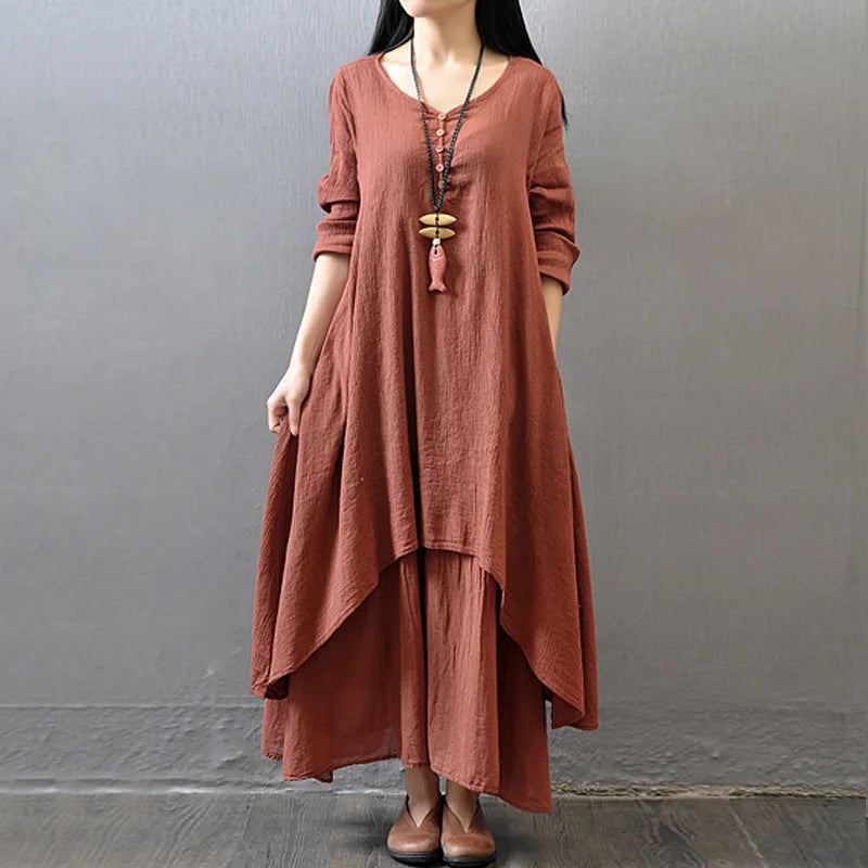 Vestido Largo de Lino Blanco para Mujer – Estilo Bohemio Vintage de Otoño