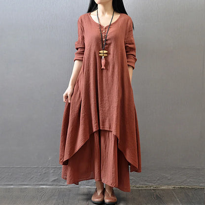 Vestido Largo de Lino Blanco para Mujer – Estilo Bohemio Vintage de Otoño