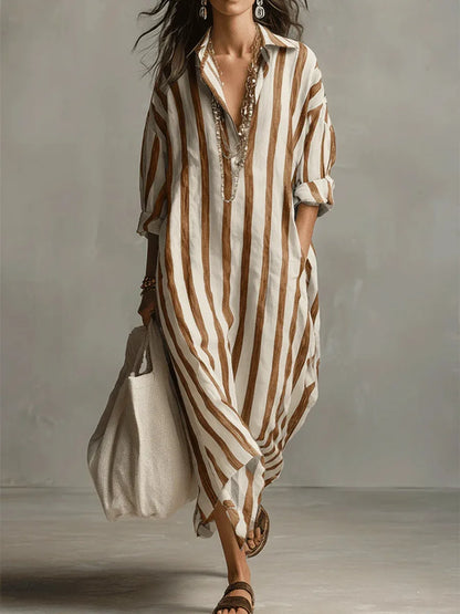 Vestido Casual a Rayas con Cuello en V y Manga 3/4
