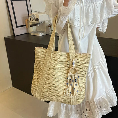 Bolso de Paja Tejido para Mujer – Tote Bohemio de Verano con Gran Capacidad