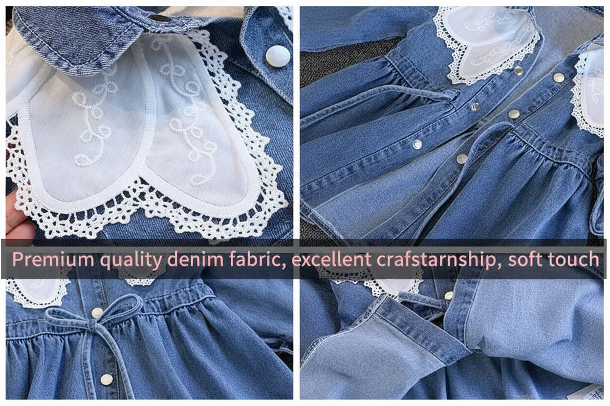 Vestido Infantil de Mezclilla para Niña – Estilo Princesa con Bordado y Lazo