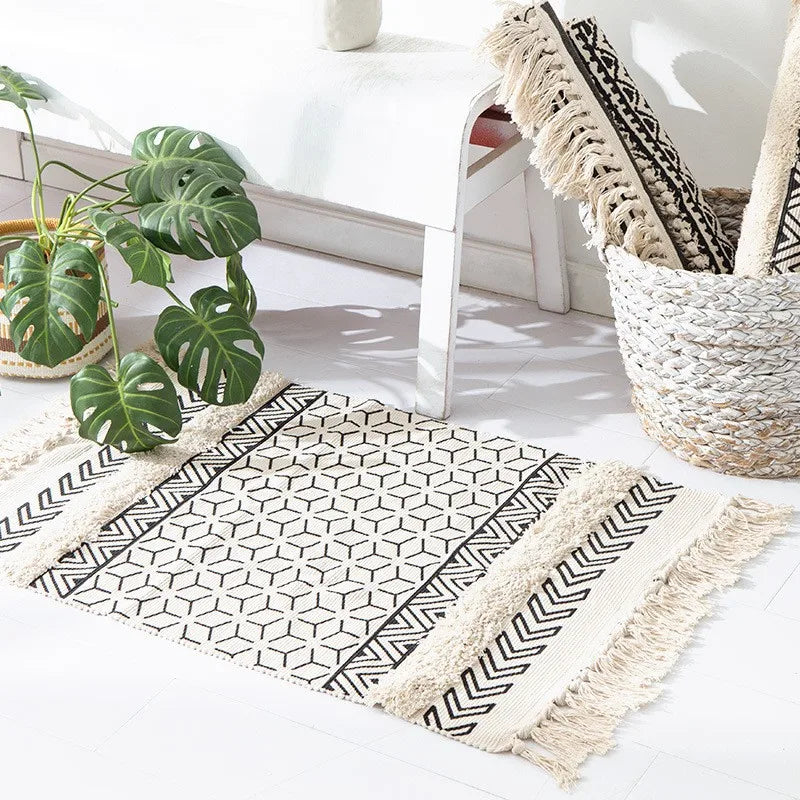 Alfombra Artesanal con Borlas Estilo Nórdico y Marroquí – Decoración Bohemia para Dormitorio y Sala