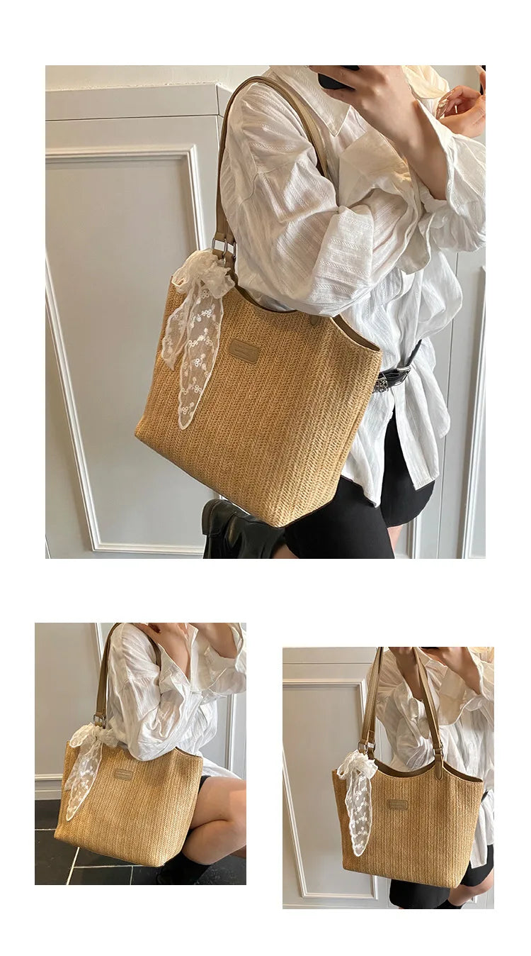 Bolso Tote de Playa de Gran Capacidad Tejido a Mano – Bolso de Hombro Casual de Verano