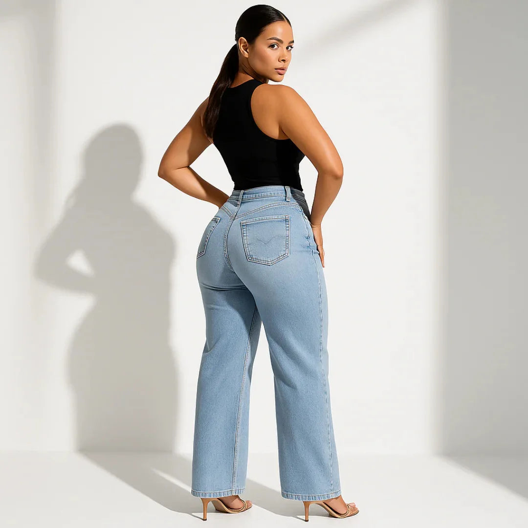 Jeans Mujer Recto de Corte Slim con Efecto Realce – Denim Azul Lavado