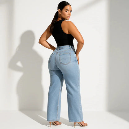 Jeans Mujer Recto de Corte Slim con Efecto Realce – Denim Azul Lavado