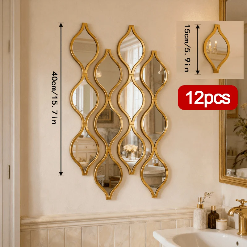 Set de 12 Espejos Decorativos en Forma de Gota – Diseño Artístico Dorado para Pared