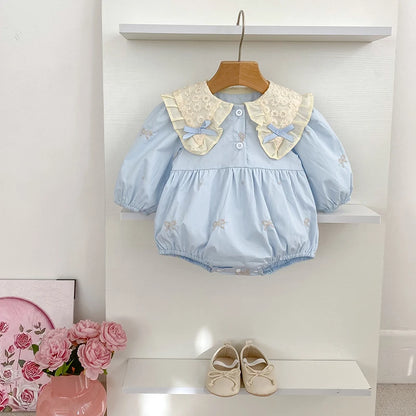🎀 Enterito para Bebé Niña con Encaje, Moño y Bordado Floral🎀