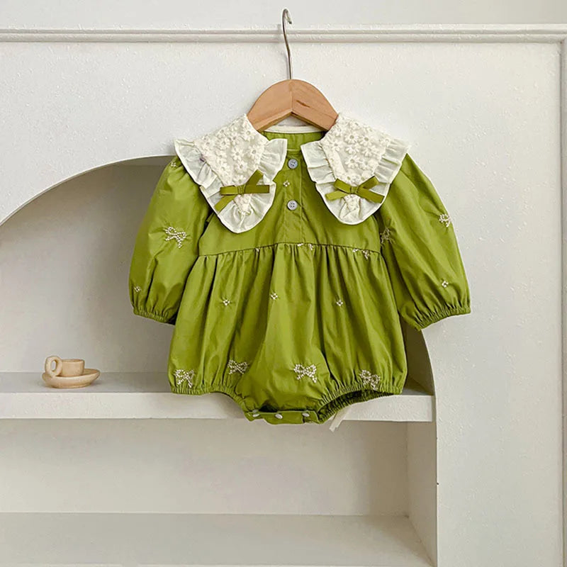 🎀 Enterito para Bebé Niña con Encaje, Moño y Bordado Floral🎀