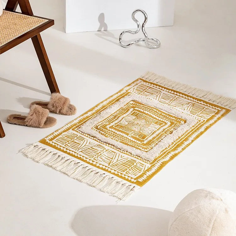 Alfombra Artesanal con Borlas Estilo Nórdico y Marroquí – Decoración Bohemia para Dormitorio y Sala