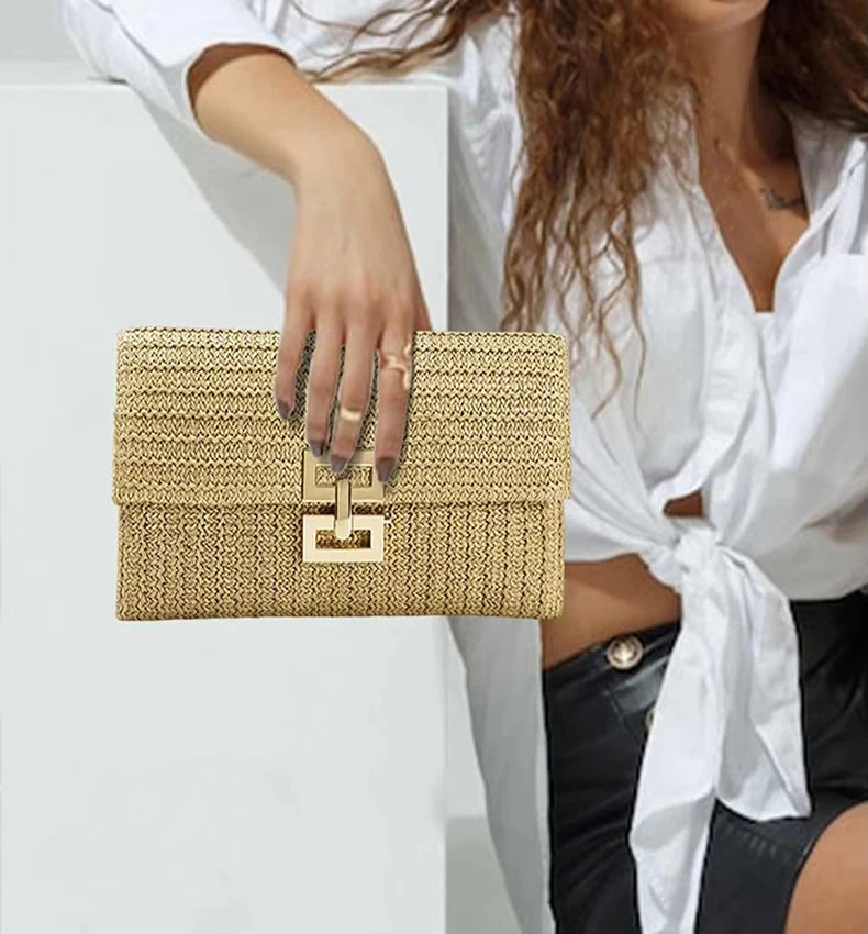 Bolso Clutch de Paja para Mujer – Estilo Boho de Verano para Playa, Viajes y Eventos