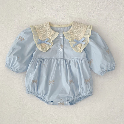 🎀 Enterito para Bebé Niña con Encaje, Moño y Bordado Floral🎀