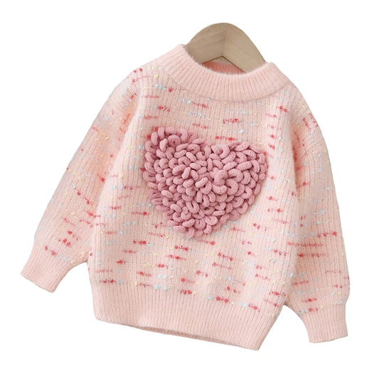 Suéter Infantil para Niña con Estampado de Corazón – Tejido Cálido de Manga Larga