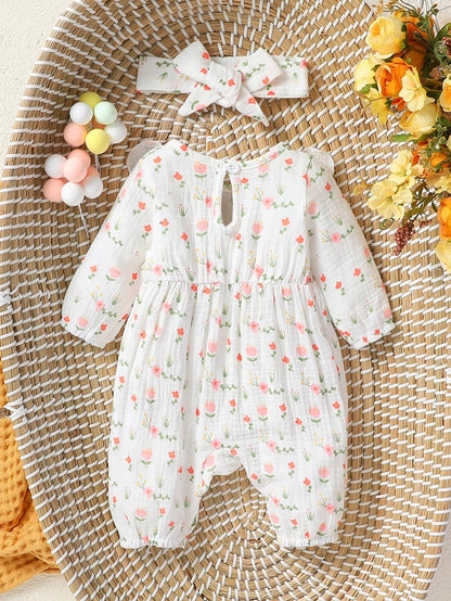 🌸 Enterito para Bebé Niña con Estampado Floral y Moño + Diadema🌸