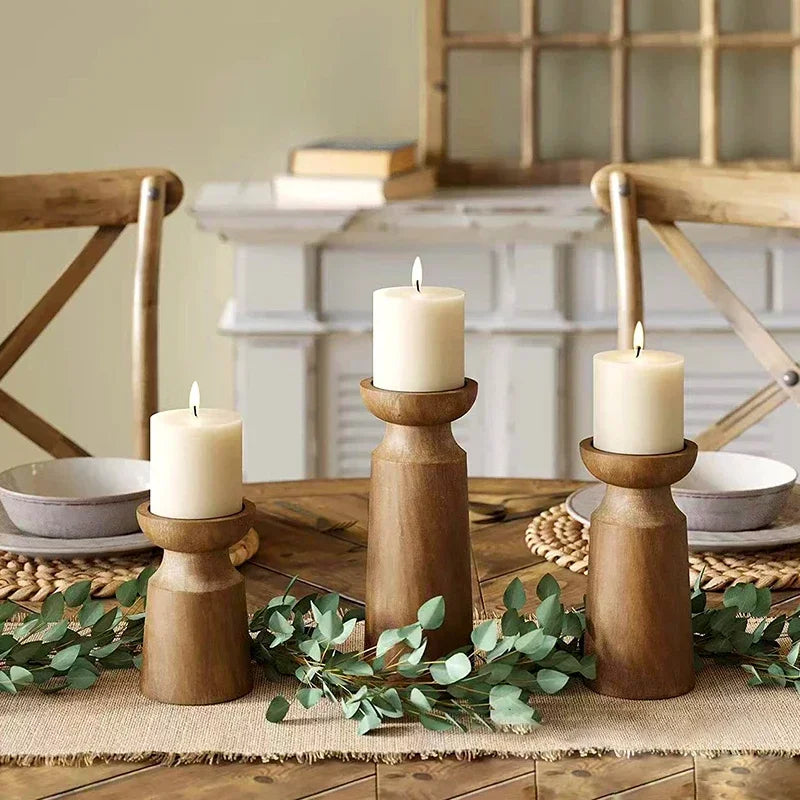 Set de 3 Portavelas de Madera Natural – Estilo Retro para Decoración del Hogar y Eventos