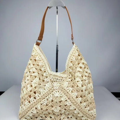 Bolso de Hombro Tejido de Paja Estilo Crochet – Bolso de Verano Casual para Playa y Viajes
