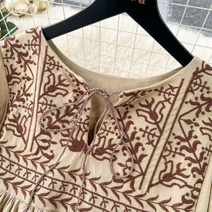 Vestido Bohemio Bordado para Mujer – Vestido Midi de Verano con Corte A y Cintura Imperio