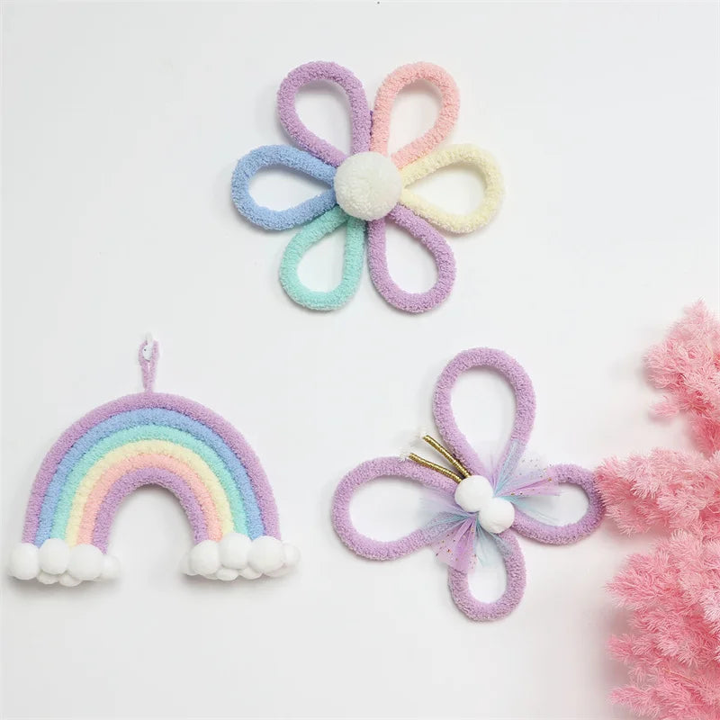 🌼🌈 Colgante Decorativo Boho Nórdico Tejido – Flores, Arcoíris y Mariposa para Habitación Infantil 🌈🌼