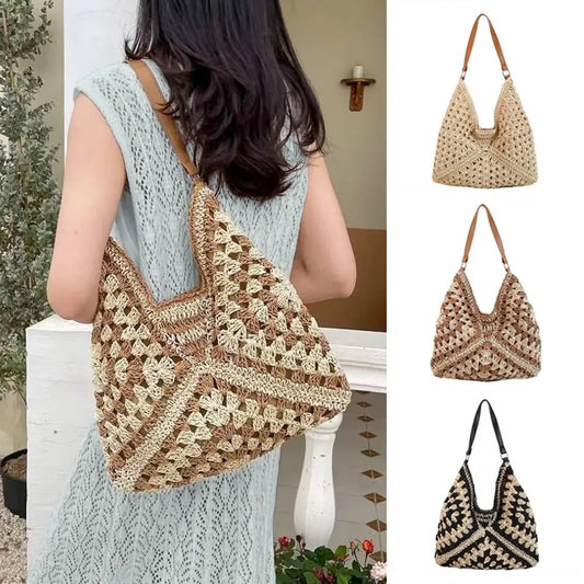 Bolso de Hombro Tejido de Paja Estilo Crochet – Bolso de Verano Casual para Playa y Viajes