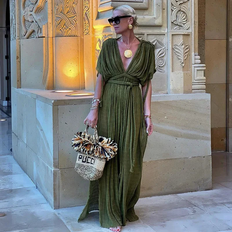 Vestido Bohemio Largo Verde para Mujer – Vestido de Verano Elegante con Aberturas Laterales y Espalda Descubierta