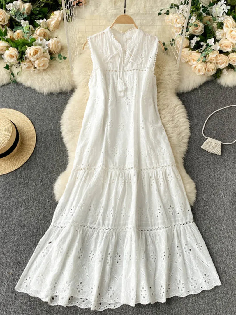 Vestido Bohemio de Verano para Mujer – Vestido Midi sin Mangas con Escote en V y Bordado