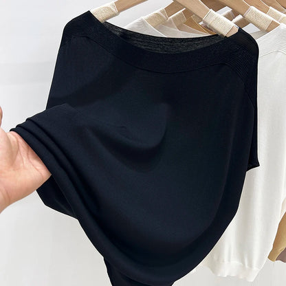 Camiseta Mujer Talla Plus de Un Hombro en Punto Ice Silk – Estilo Fresco y Sofisticado