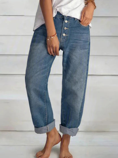 Jeans Rectos de Tiro Alto para Mujer - Estilo "Distressed" y Corte Relajado (Ankle-Length)