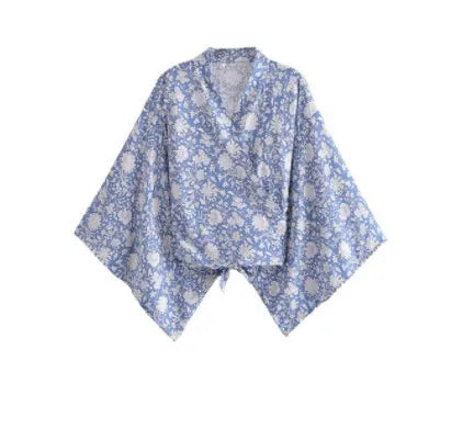 Top Kimono Corto Floral para Mujer – Estilo Bohemio de Playa con Escote en V