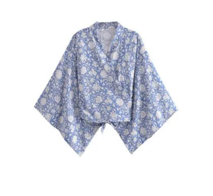 Top Kimono Corto Floral para Mujer – Estilo Bohemio de Playa con Escote en V