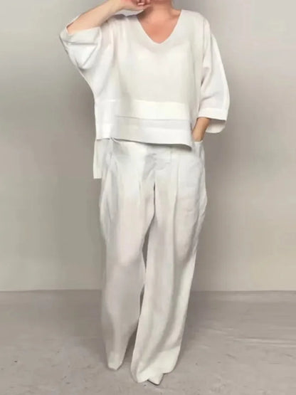 Conjunto Elegante Dúo – Blusa de Cuello en V + Pantalón Palazzo con Bolsillos