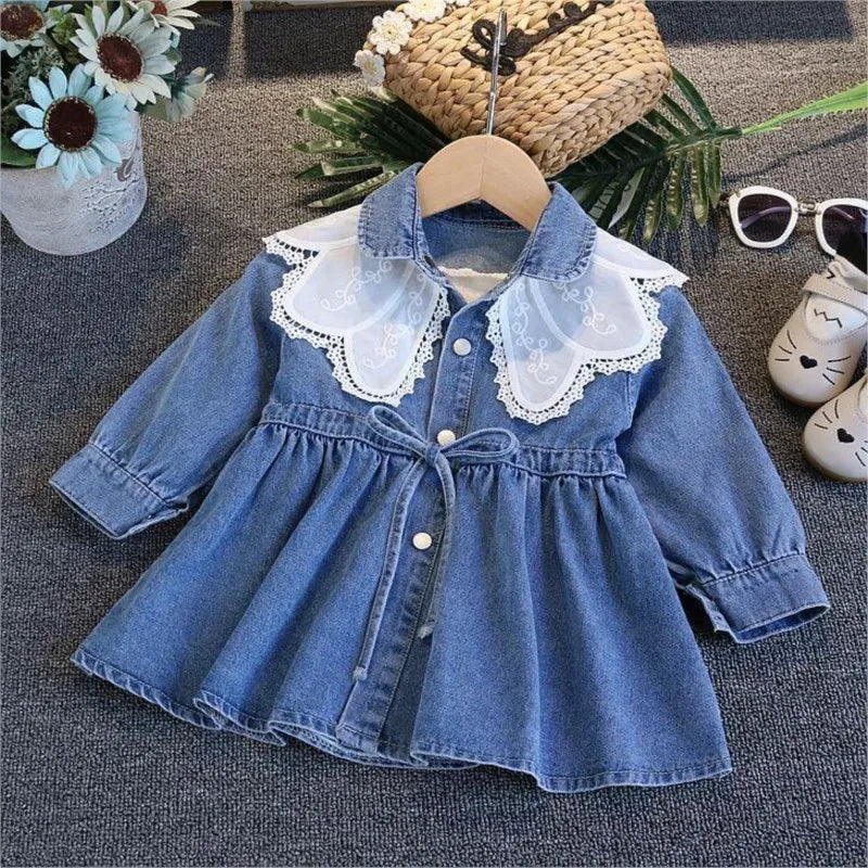 Vestido Infantil de Mezclilla para Niña – Estilo Princesa con Bordado y Lazo