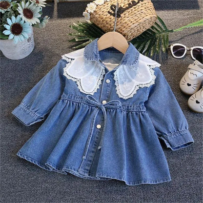 Vestido Infantil de Mezclilla para Niña – Estilo Princesa con Bordado y Lazo