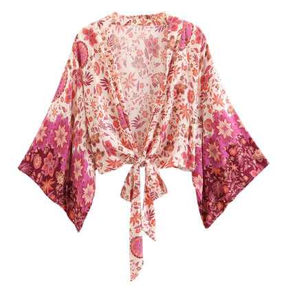 Top Kimono Corto Floral para Mujer – Estilo Bohemio de Playa con Escote en V
