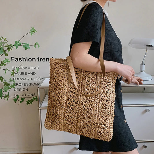 Bolso de Hombro Tejido a Mano de Raffia – Tote Bohemio de Verano para Playa y Viajes