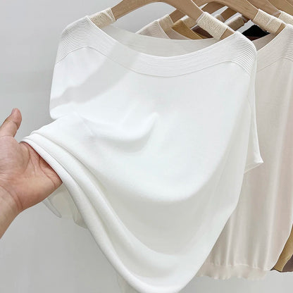 Camiseta Mujer Talla Plus de Un Hombro en Punto Ice Silk – Estilo Fresco y Sofisticado