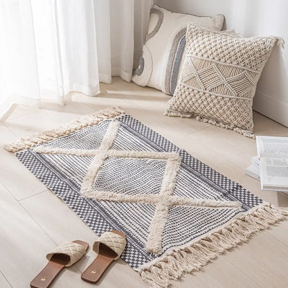 Alfombra Artesanal con Borlas Estilo Nórdico y Marroquí – Decoración Bohemia para Dormitorio y Sala