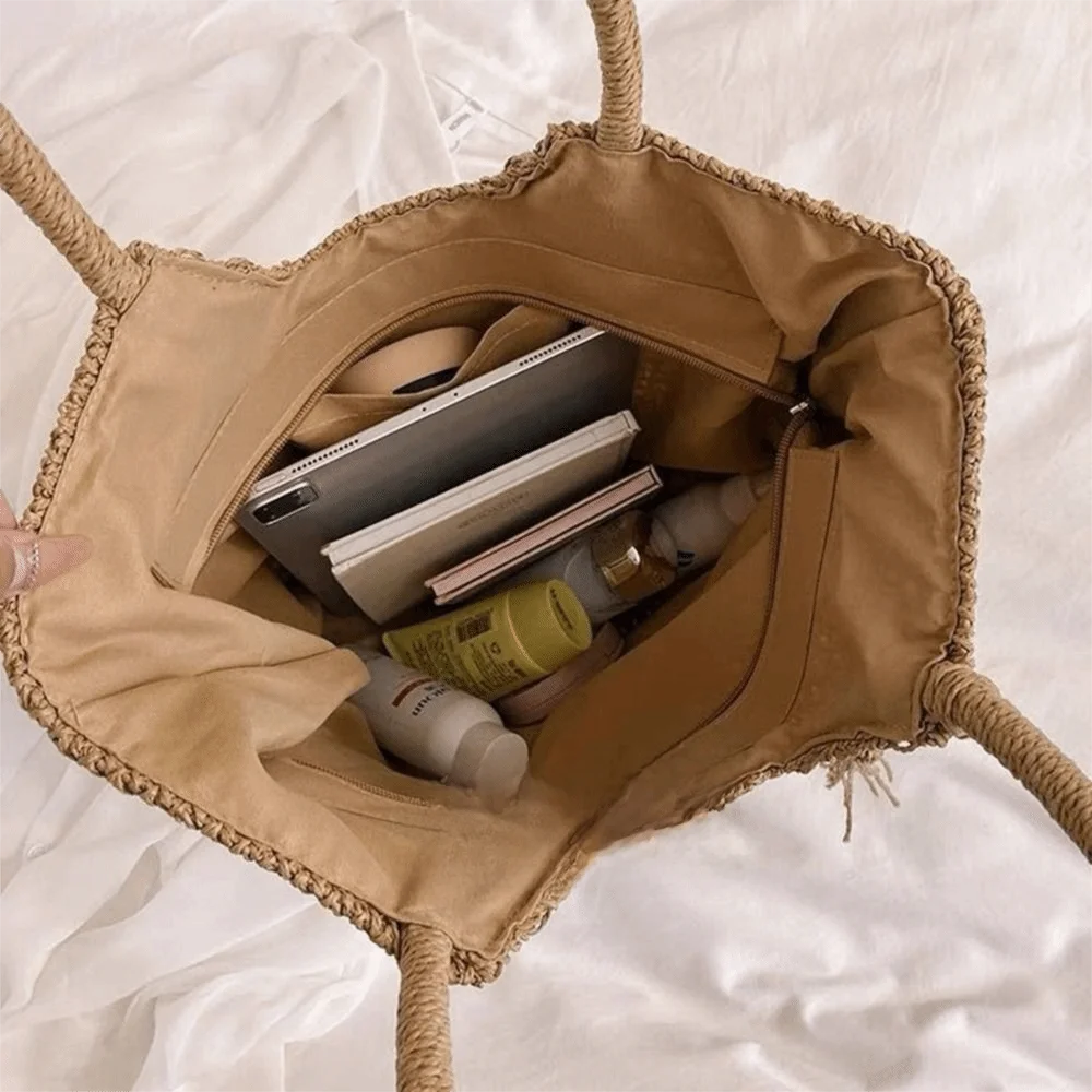 Bolso tejido de paja con Borlas – Tote Grande y Ligero para Viajes y Verano